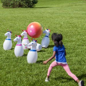 Giant Inflatable Unicorn Bowling Set for Kids, with 6 Unicorn Pins and 1 Large M